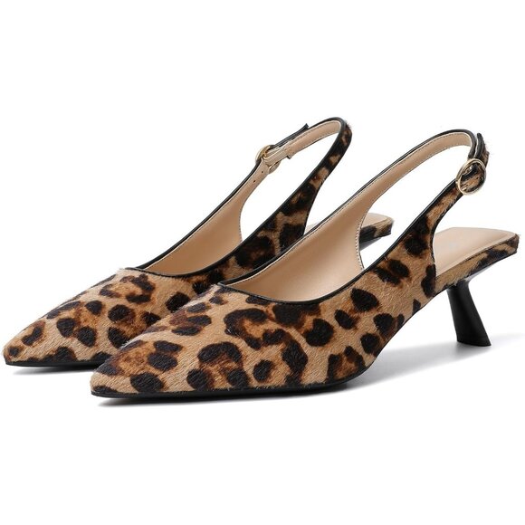 Mostrin Kitten Heels Leopard Suede Low Slingback Heels with Buckle Dress Shoes - Picture 9 of 9